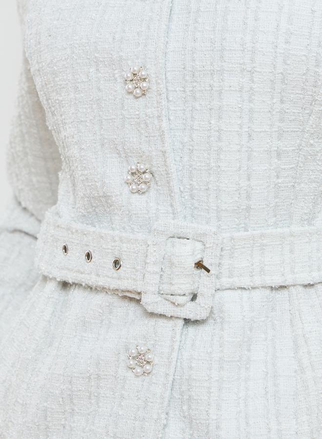 Styli Women Off-White Tweed Top and Pleated Skirt Co-Ords - Image 4